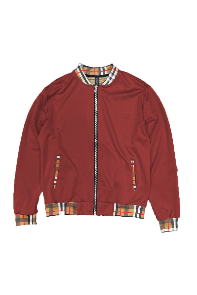 Checkered Detail Track Jacket featuring plaid print collar, cuffs, and pocket, full zip design with elastic waist and cuffs.