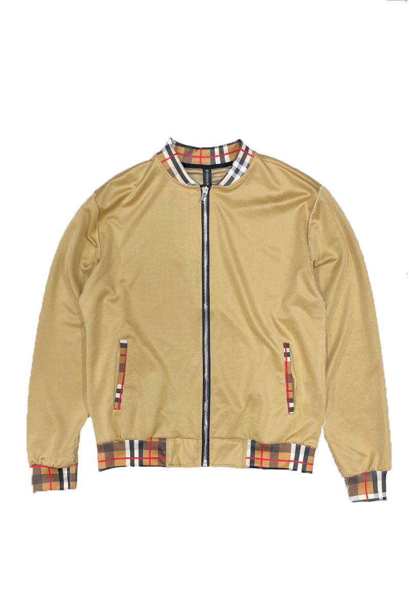 Checkered Detail Track Jacket featuring plaid print collar, cuffs, and pocket, full zip design with elastic waist and cuffs.