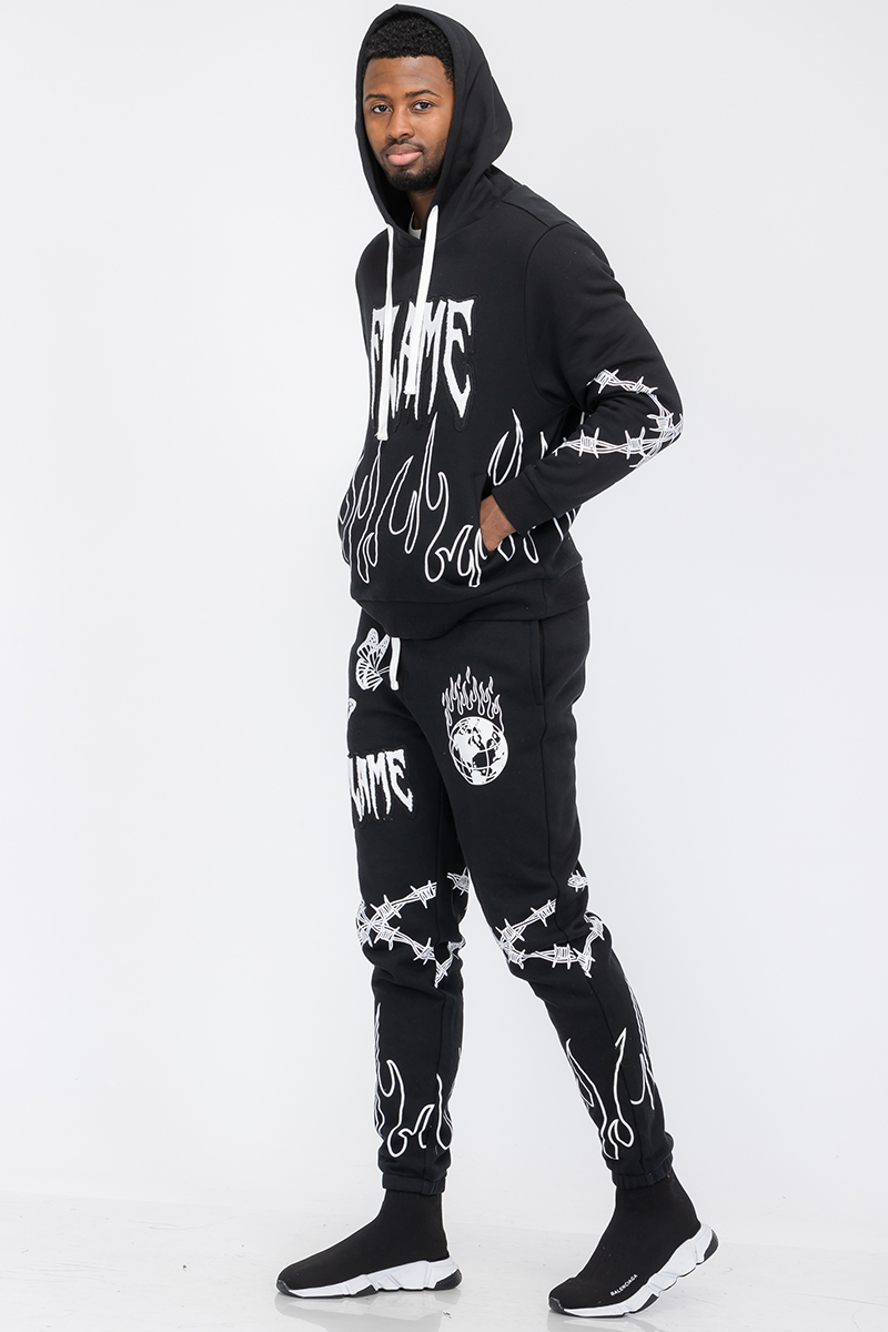 Chenille Flame Sweat Suit featuring a soft fabric blend with a stylish digital print and elastic waist design.