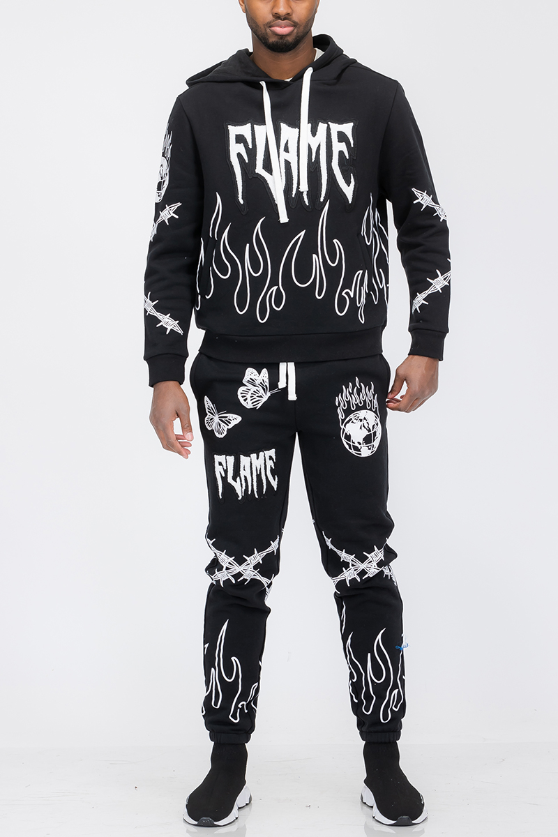 Chenille Flame Sweat Suit featuring a soft fabric blend with a stylish digital print and elastic waist design.