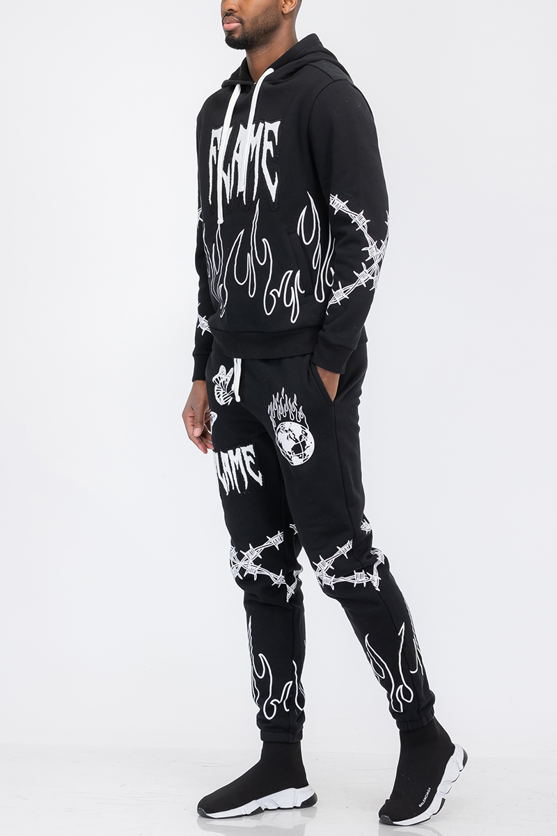 Chenille Flame Sweat Suit featuring a soft fabric blend with a stylish digital print and elastic waist design.