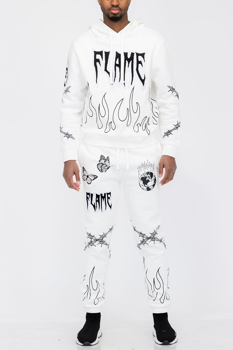 Chenille Flame Sweat Suit featuring a soft blend of cotton and polyester with stylish digital prints and elastic waist.