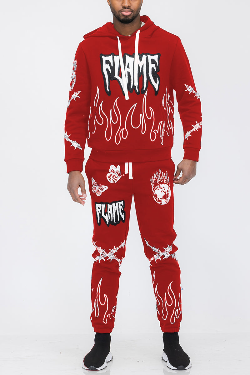 Chenille Flame Sweat Suit featuring a soft blend of cotton and polyester with stylish digital prints and elastic waist.