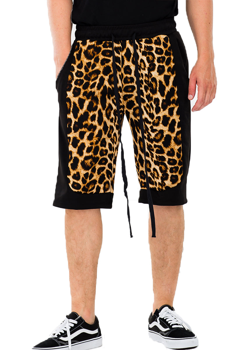 Cheetah Block Shorts featuring a trendy design with pockets, made from polyester and spandex.