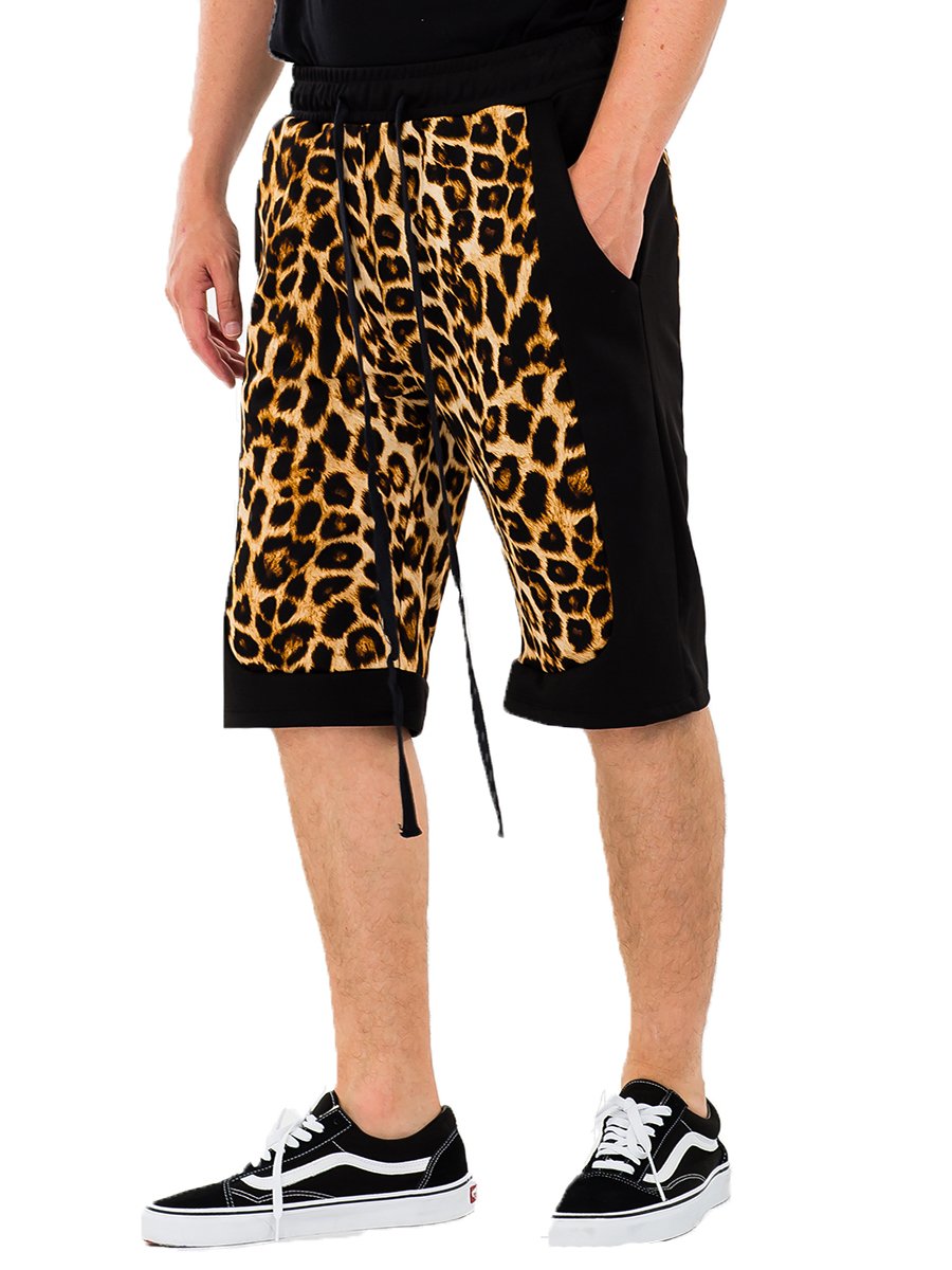 Cheetah Block Shorts featuring a trendy design with pockets, made from polyester and spandex.