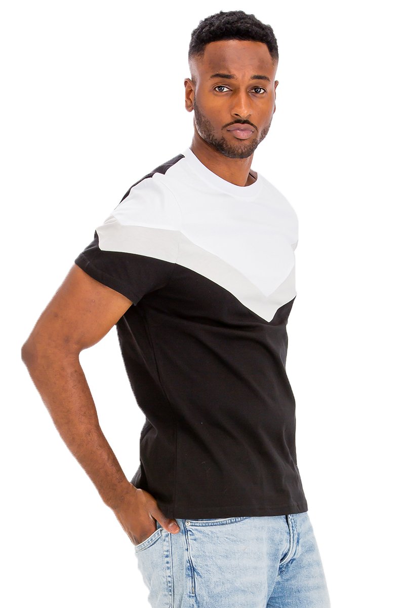 Chevron Colorblock T-shirt featuring a three-color block design, made from 100% cotton, displayed on a model.