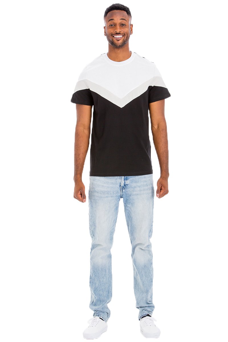 Chevron Colorblock T-shirt featuring a three-color block design, made from 100% cotton, displayed on a model.