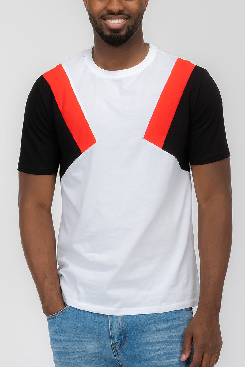 Chevy Color Block Tee featuring a three-way color block design in soft cotton fabric.