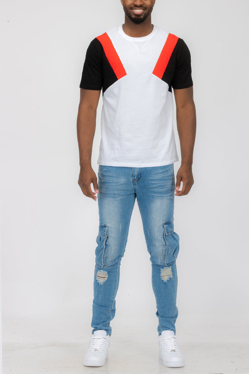 Chevy Color Block Tee featuring a three-way color block design in soft cotton fabric.