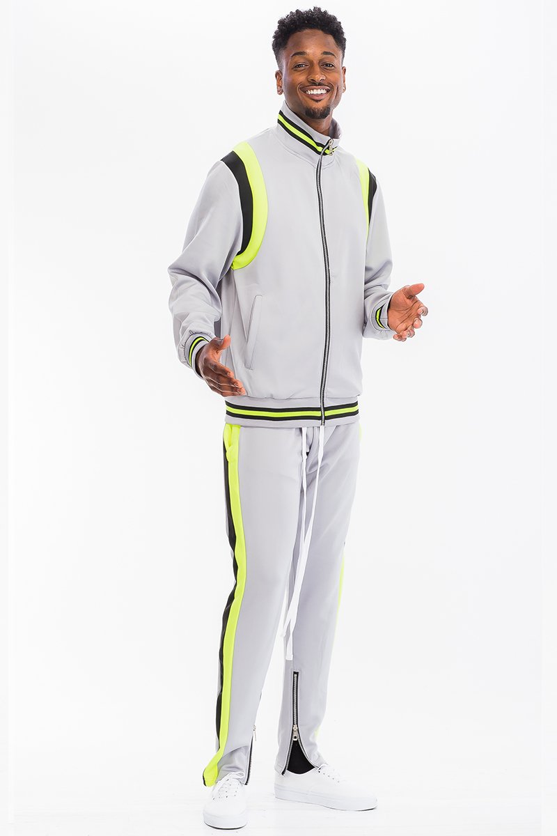 CHEVY TRACK SET featuring a full zip jacket and drawstring pants with dual chevron stripes, perfect for active lifestyles.