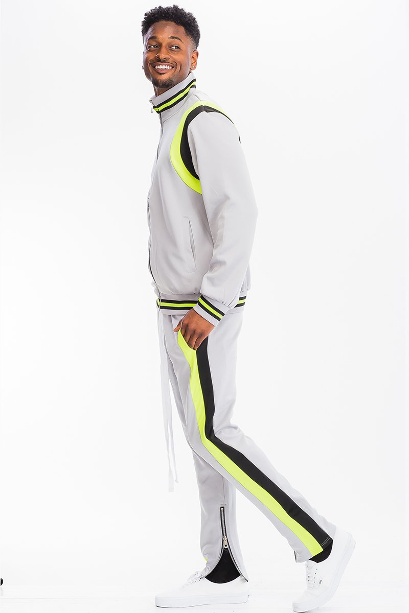 CHEVY TRACK SET featuring a full zip jacket and drawstring pants with dual chevron stripes, perfect for active lifestyles.