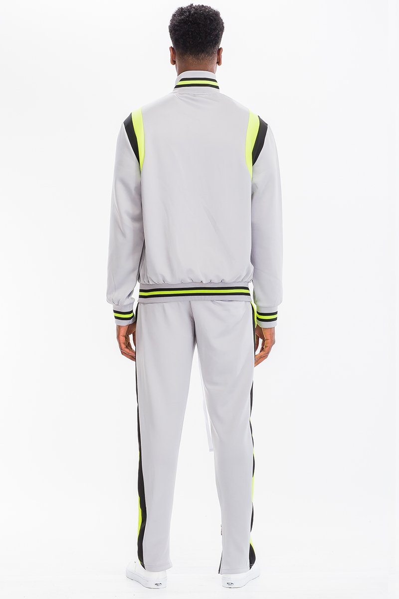 CHEVY TRACK SET featuring a full zip jacket and drawstring pants with dual chevron stripes, perfect for active lifestyles.