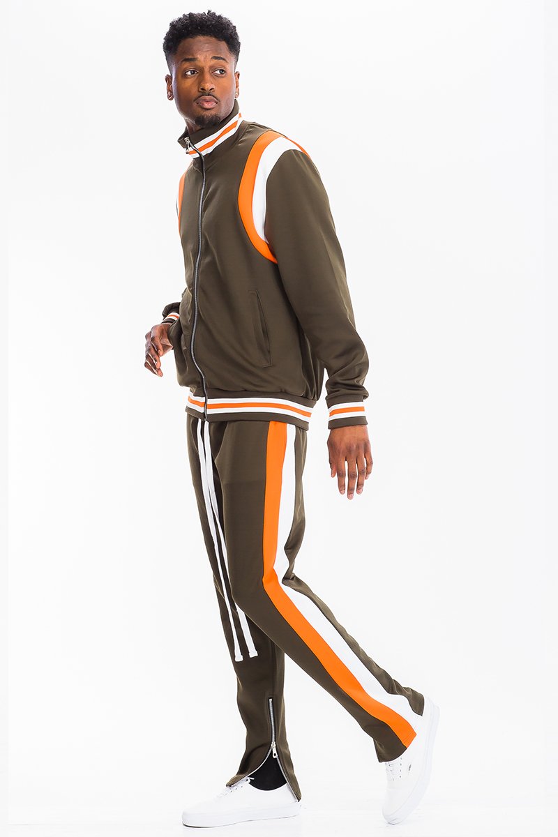 CHEVY TRACK SET featuring a full zip jacket and drawstring pants with dual chevron stripes, designed for comfort and style.