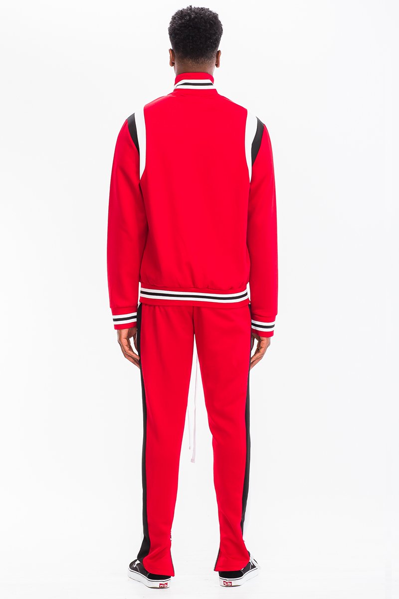 CHEVY TRACK SET featuring a full zip jacket and drawstring pants with dual chevron stripes, perfect for athletic wear.