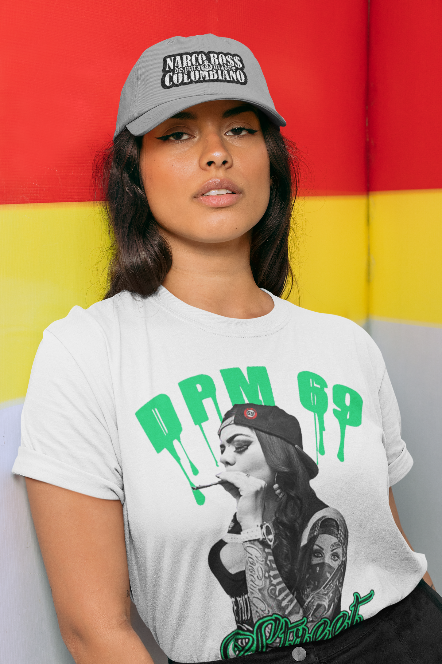 Chica women's crew-neck t-shirt featuring unique handmade prints, high-quality jersey cotton, and the original DPM69 logo.