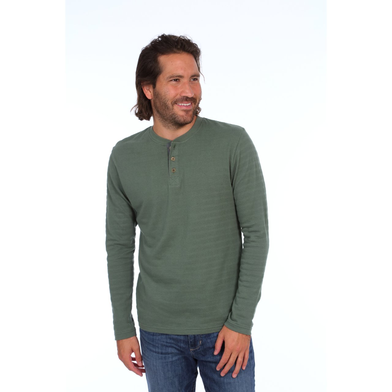 Clark Long Sleeve Henley in mystery green with striped pattern and chambray inner placket, showcasing its stylish design and eco-friendly fabric.