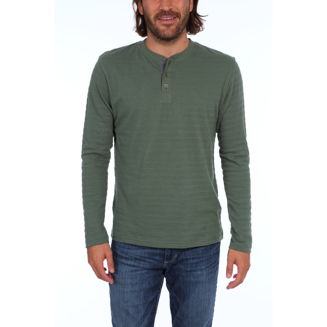 Clark Long Sleeve Henley in mystery green with striped pattern and chambray inner placket, showcasing its stylish design and eco-friendly fabric.