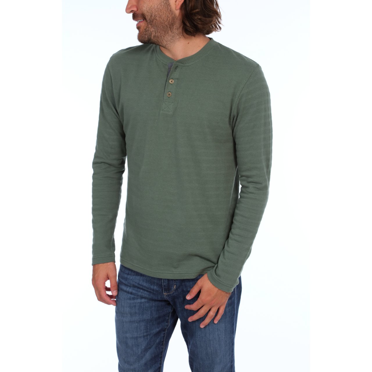 Clark Long Sleeve Henley in mystery green with striped pattern and chambray inner placket, showcasing its stylish design and eco-friendly fabric.