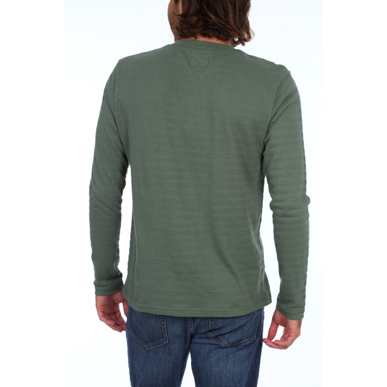 Clark Long Sleeve Henley in mystery green with striped pattern and chambray inner placket, showcasing its stylish design and eco-friendly fabric.