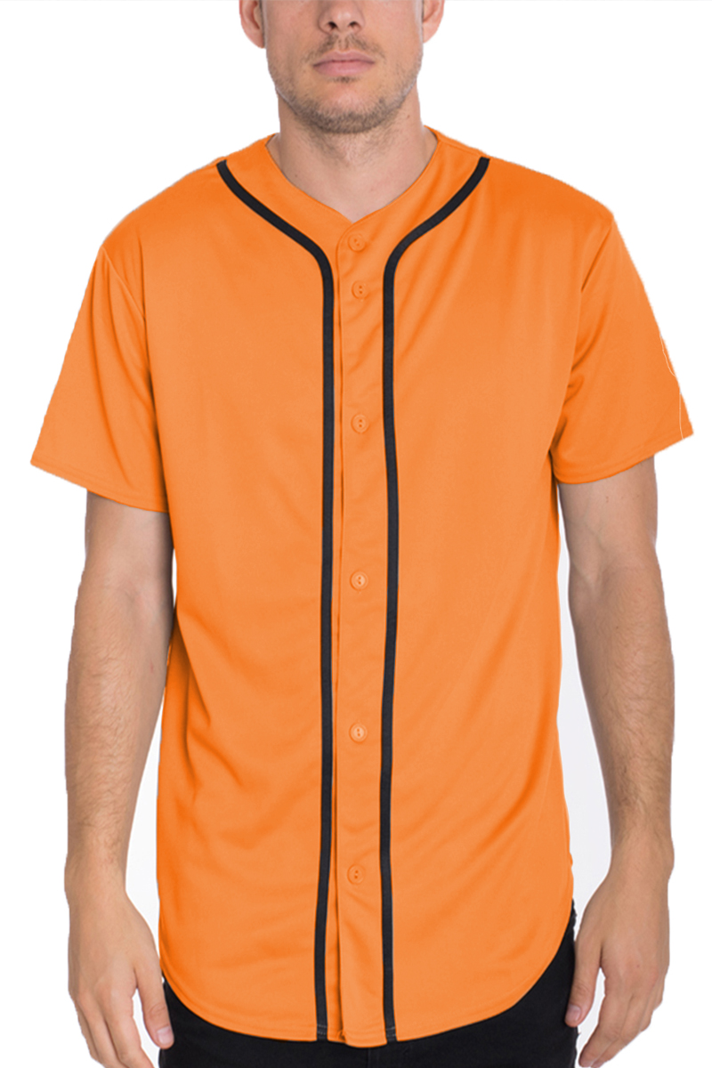 Classic Baseball Jersey featuring button-down design and colored piping, made from 100% polyester, ideal for customization.