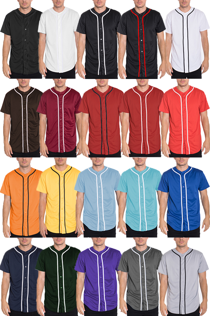 Classic Baseball Jersey with colored piping and button-down design, made from 100% polyester, ideal for customization.