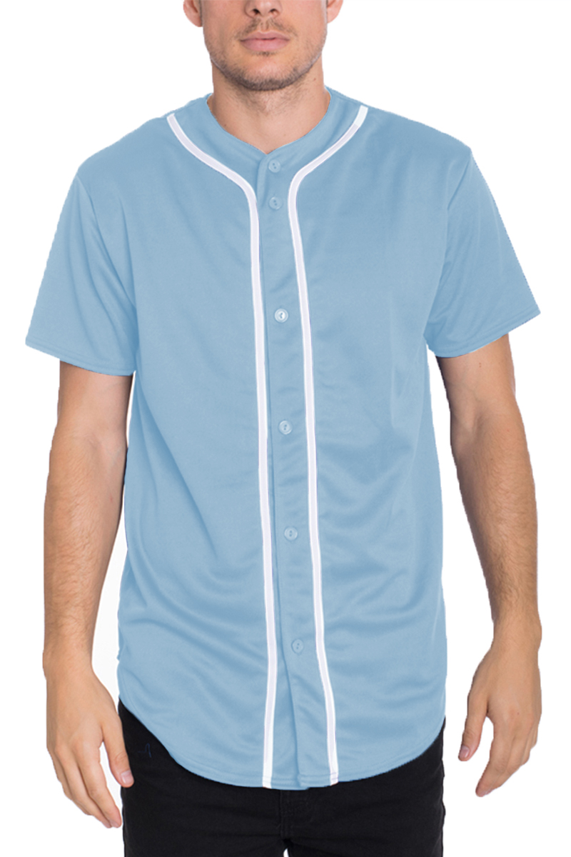 A classic baseball jersey featuring a button-down design with colored piping, made from 100% polyester, ideal for customization and team uniforms.