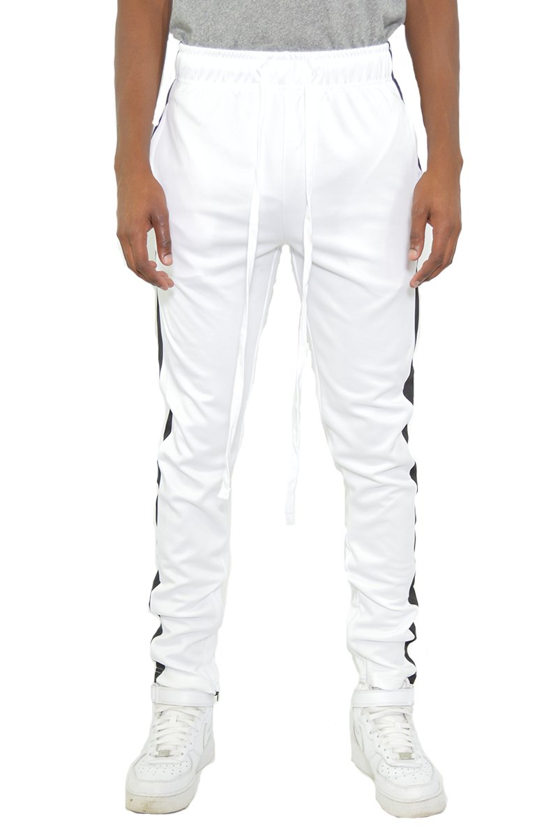 Classic Slim Fit Track Pants featuring a sleek design with a single stripe detail and hidden ankle zippers.