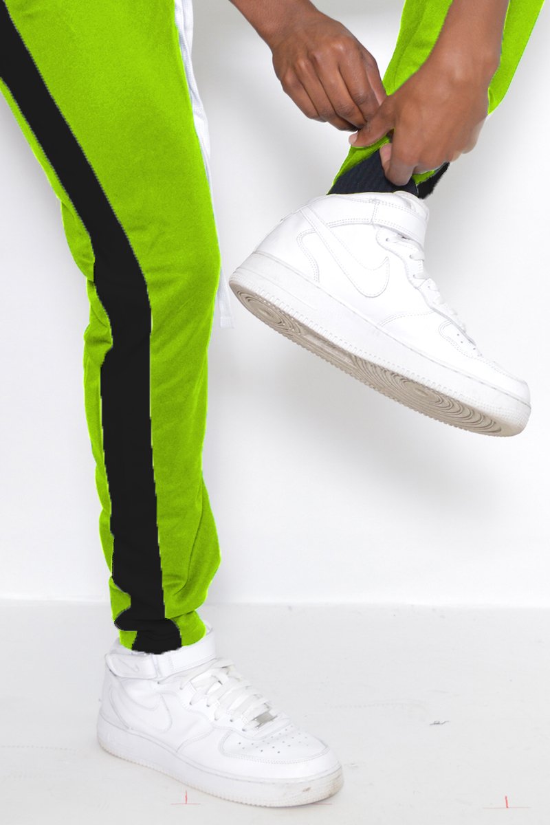 Classic Slim Fit Track Pants featuring a sleek design, tug-free zipper closure, and stylish single stripe detail.