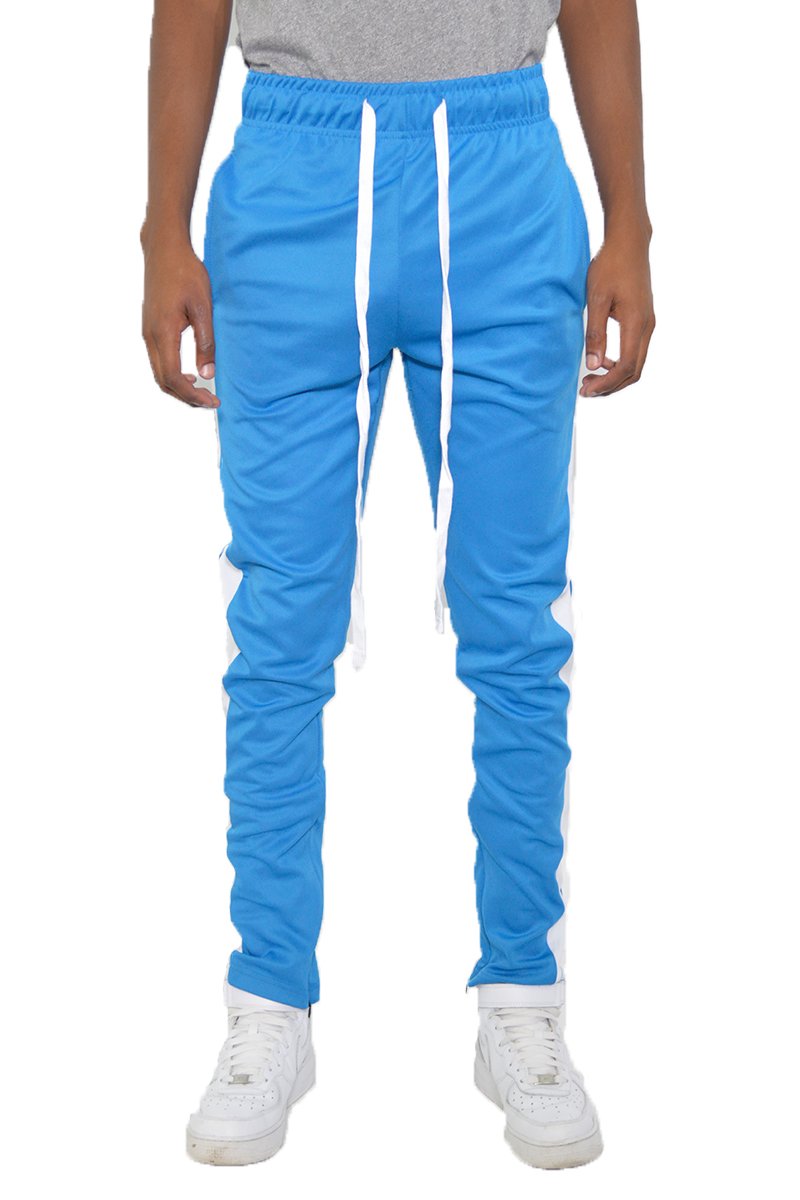 Classic Slim Fit Track Pants featuring a single stripe detail, tug-free zipper closure, and hidden ankle zipper, made from polyester and spandex.