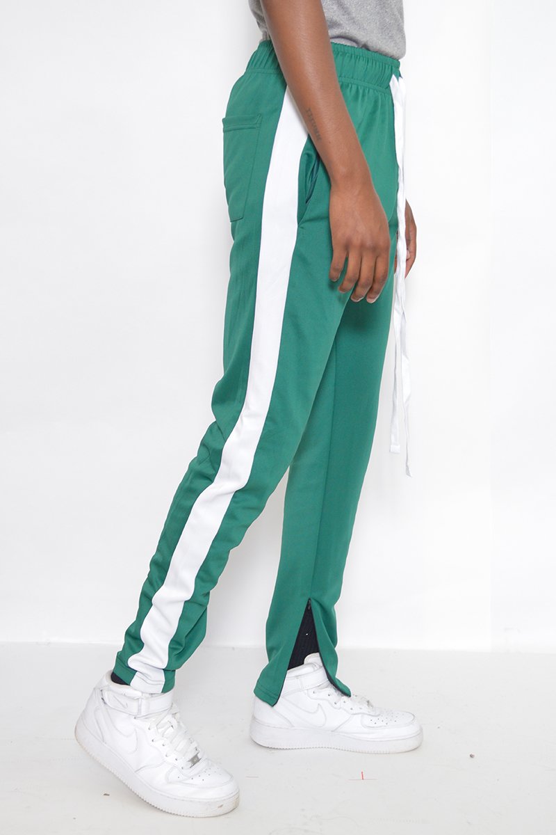 Classic slim fit track pants featuring an elastic waist, ankle zippers, and multiple pockets for convenience.