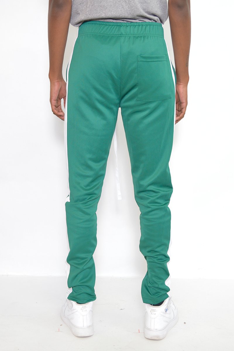 Classic slim fit track pants featuring an elastic waist, ankle zippers, and multiple pockets for convenience.