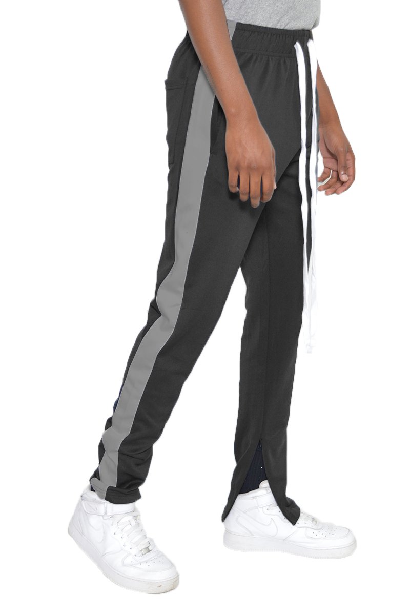 Classic Slim Fit Track Pants featuring a single stripe detail, tug-free zipper closure, and hidden ankle zipper, modeled by a person standing at 5'11.