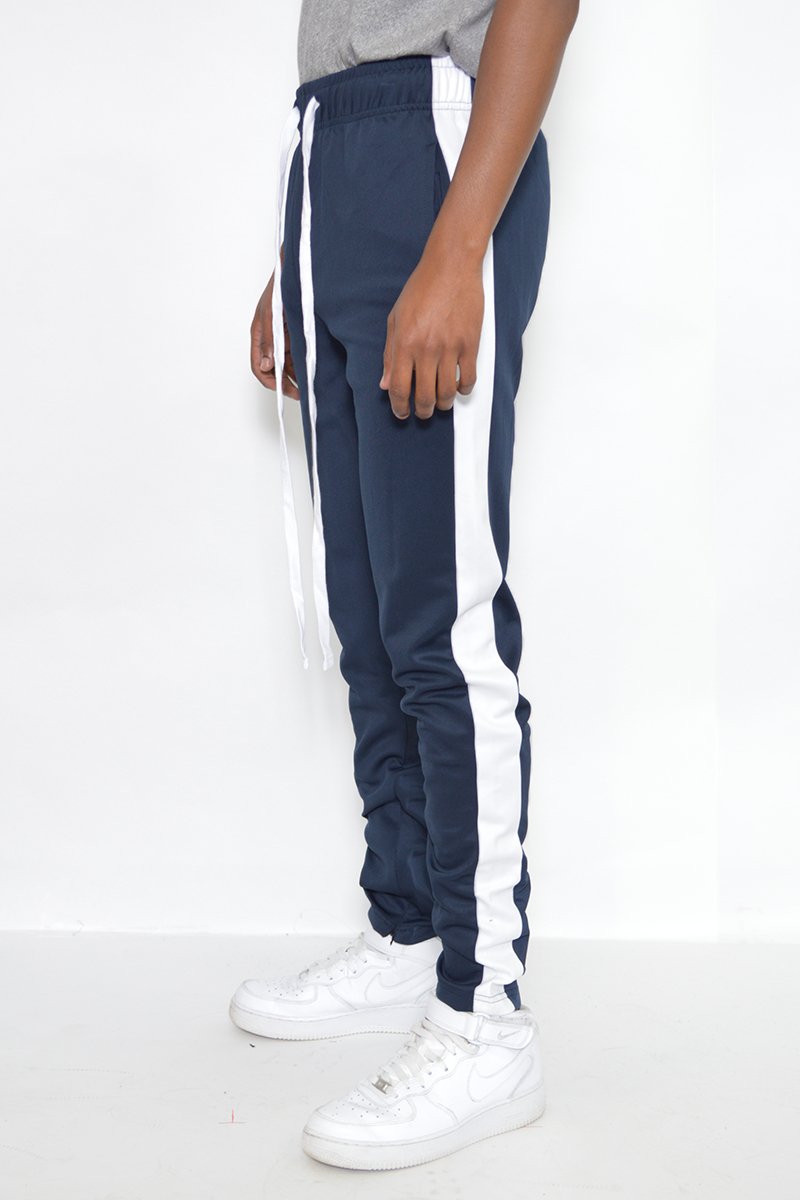 Classic Slim Fit Track Pants featuring a sleek design with a single stripe detail and hidden ankle zippers, perfect for active wear.