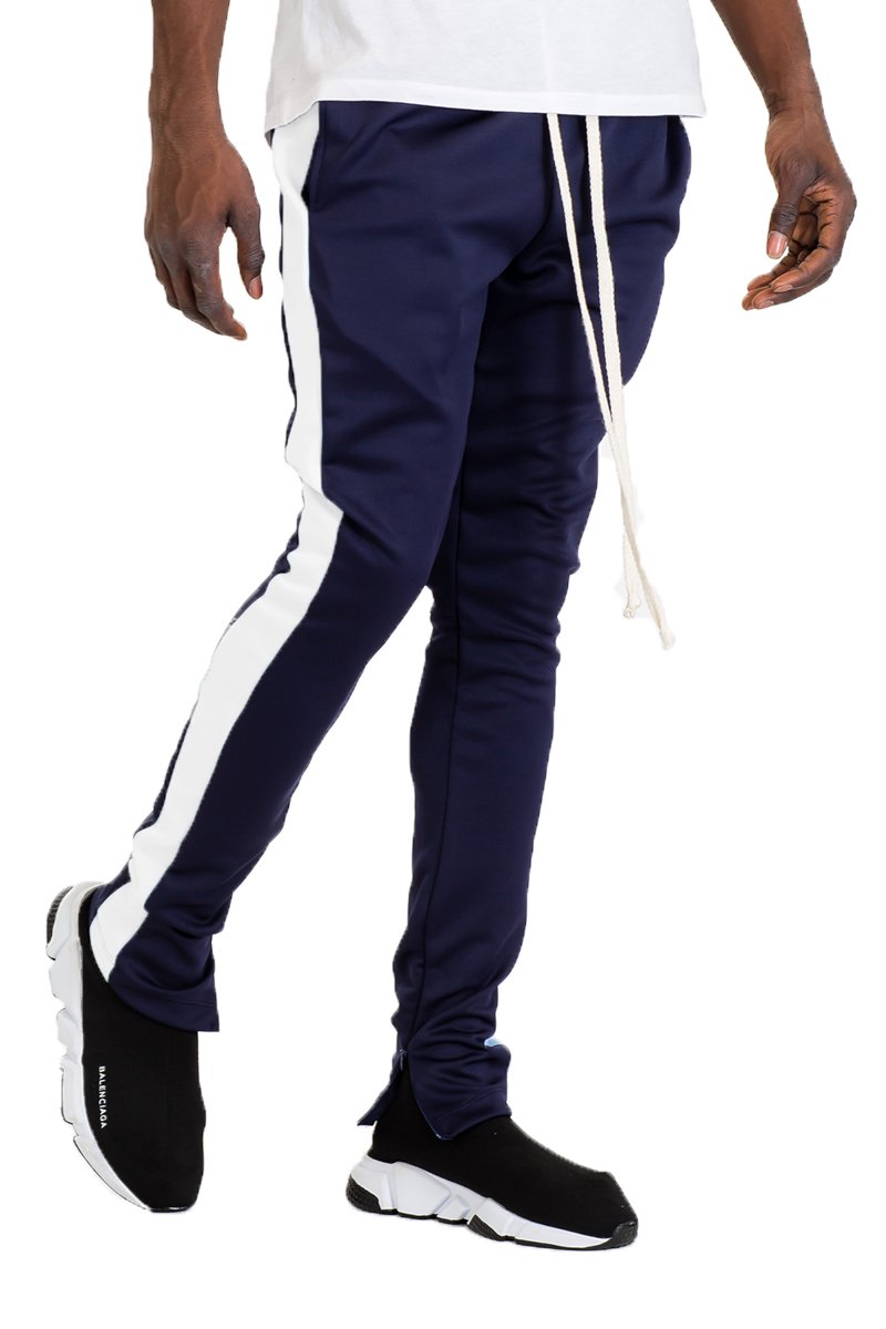 Classic Slim Fit Track Pants in Navy and White with hidden ankle zippers and standard pockets.