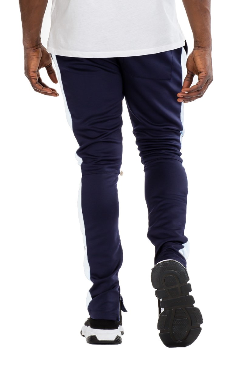 Classic Slim Fit Track Pants in Navy and White with hidden ankle zippers and standard pockets.