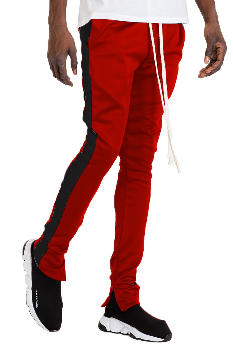 Classic Slim Fit Track Pants in Red and Black with a skinny fit and zipper details.