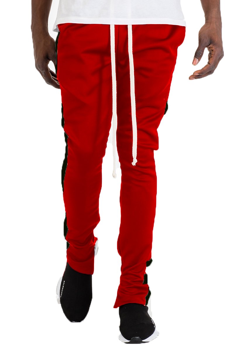 Classic Slim Fit Track Pants in Red and Black with a skinny fit and zipper details.