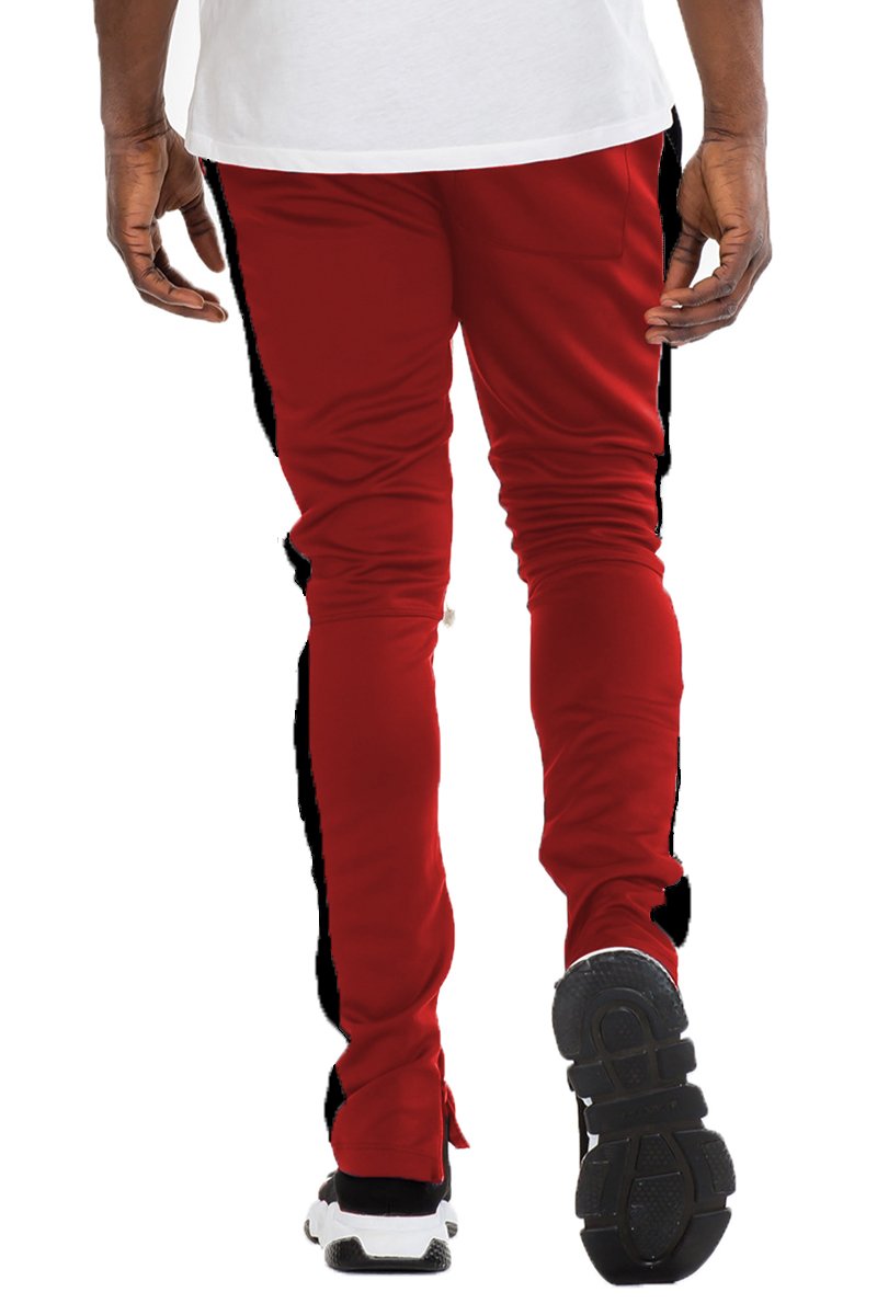 Classic Slim Fit Track Pants in Red and Black with a skinny fit and zipper details.