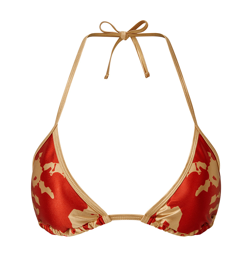 Classic Tie-String Red & Gold Bikini Set featuring vibrant red fabric with gold accents and trim, perfect for beach and pool wear.