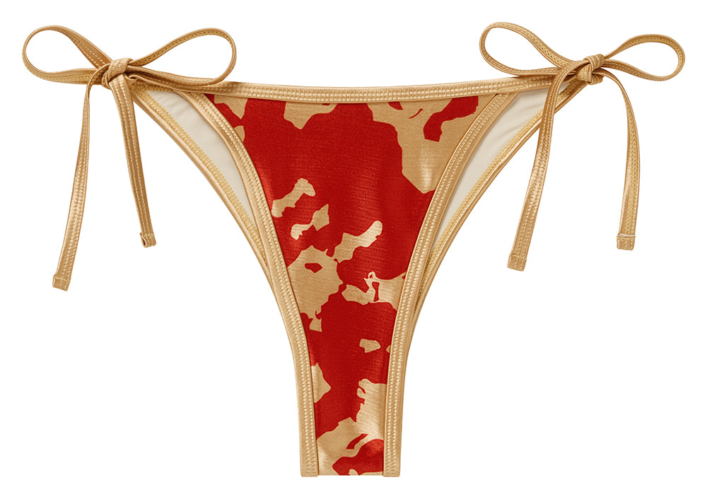 Classic Tie-String Red & Gold Bikini Set featuring vibrant red fabric with gold accents and trim, perfect for beach and pool wear.