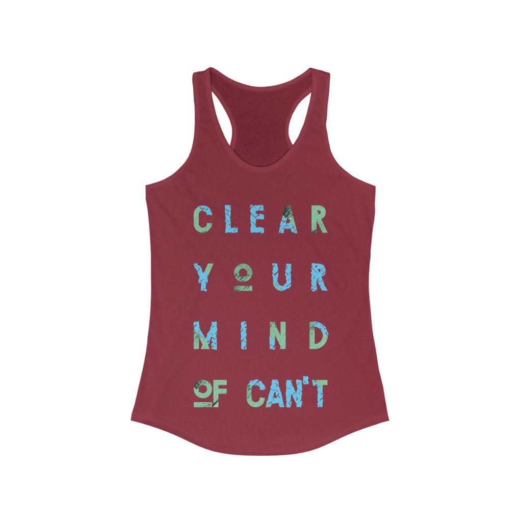 A stylish Clear Your Mind of Can't Racerback Tank Top in a slim fit, made from soft cotton and polyester blend, perfect for workouts and casual wear.