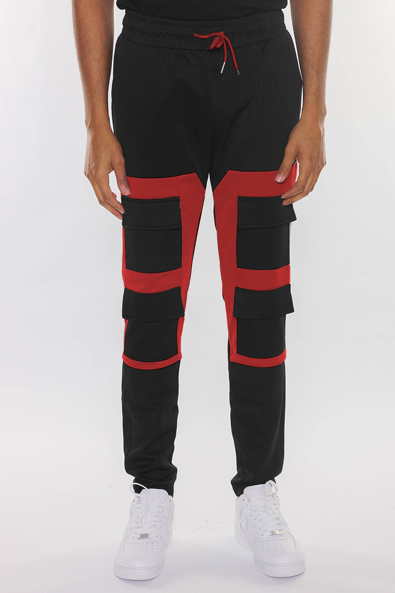 Color Block Cargo Track Pants featuring Velcro closure pouch pockets and ankle zippers, designed for comfort and style.