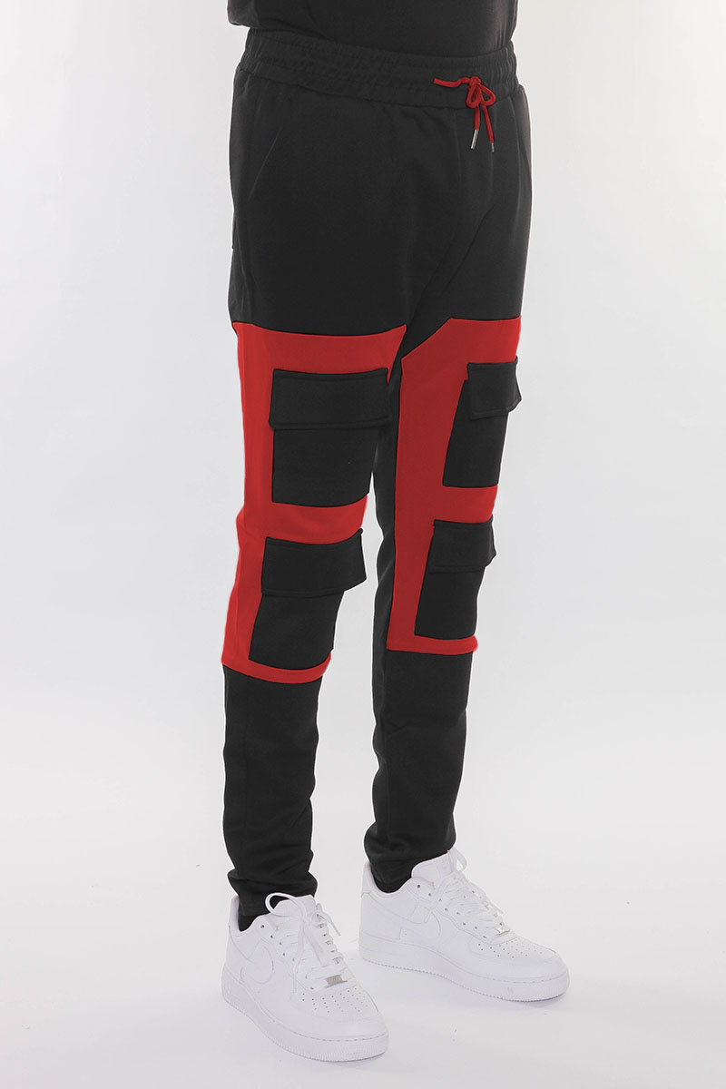 Color Block Cargo Track Pants featuring Velcro closure pouch pockets and ankle zippers, designed for comfort and style.