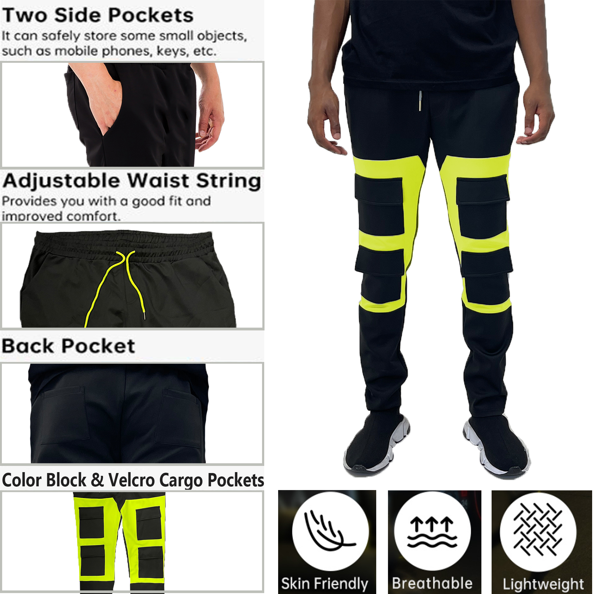 Color Block Cargo Track Pants featuring Velcro closure pouch pockets and ankle zippers, designed for comfort and style.