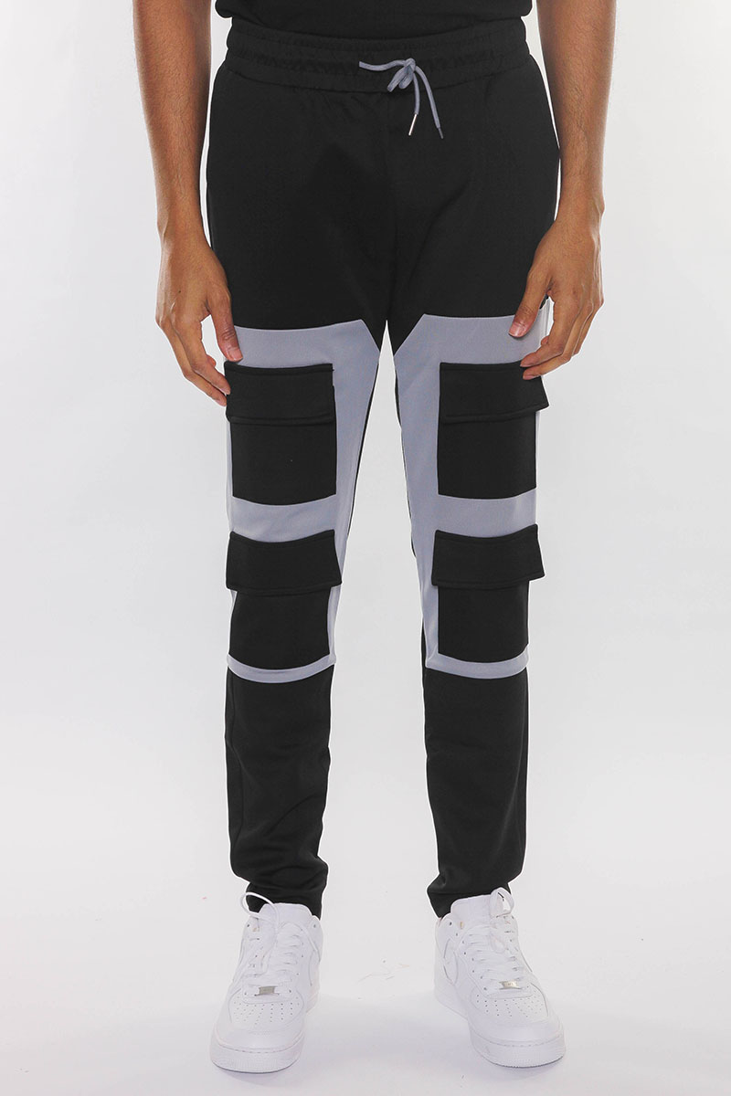 Color Block Cargo Track Pants featuring Velcro closure pouch pockets and ankle zippers, designed for comfort and style.