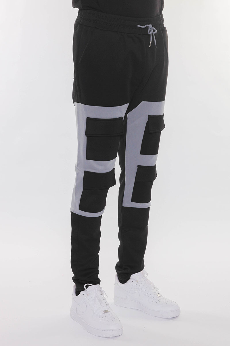 Color Block Cargo Track Pants featuring Velcro closure pouch pockets and ankle zippers, designed for comfort and style.