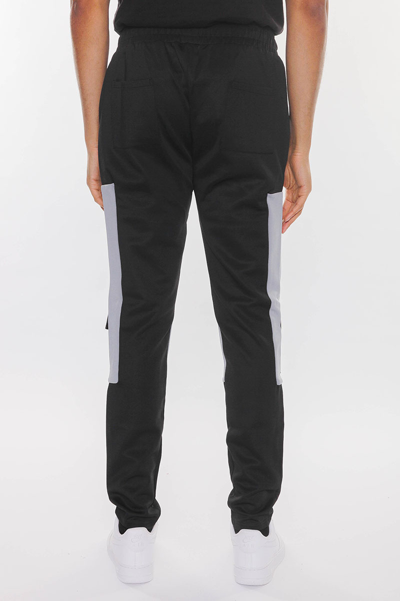 Color Block Cargo Track Pants featuring Velcro closure pouch pockets and ankle zippers, designed for comfort and style.