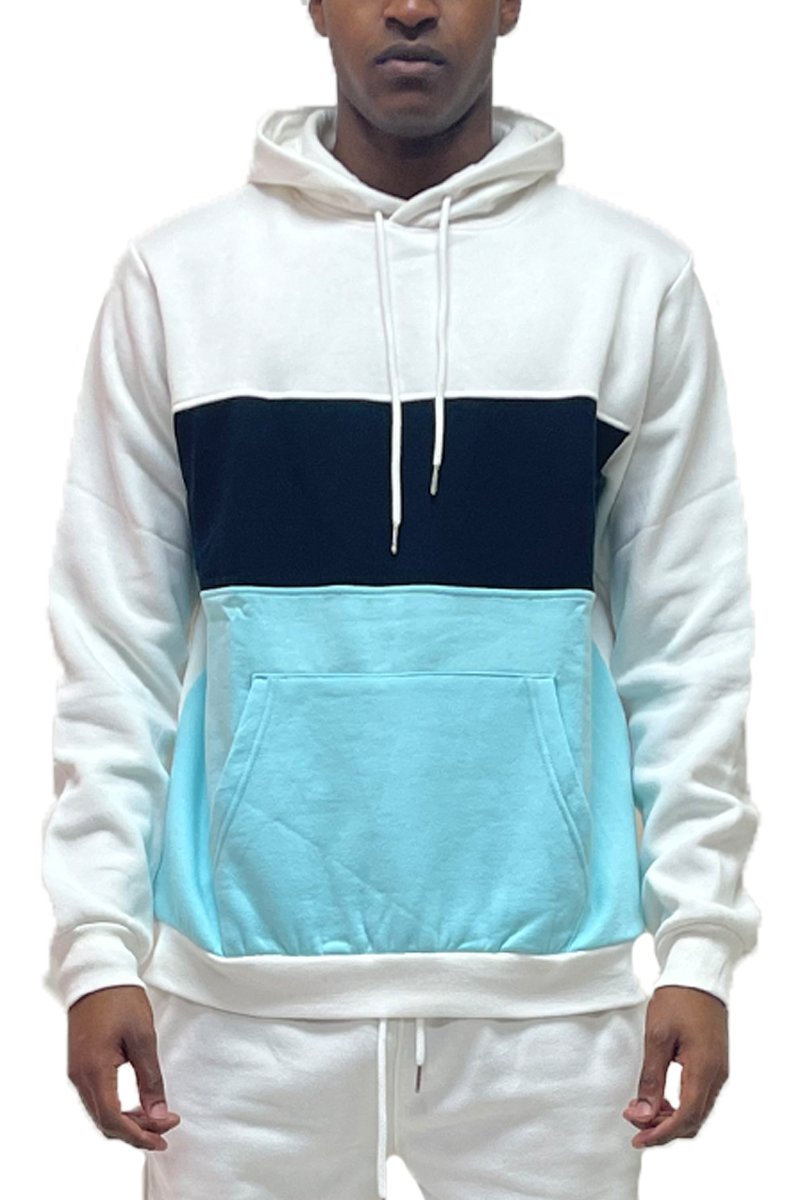 Color Block Pullover Hoodie featuring adjustable drawstring hood and ribbed cuffs in a stylish design.