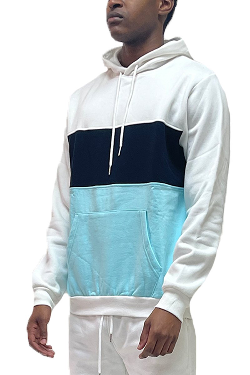 Color Block Pullover Hoodie featuring adjustable drawstring hood and ribbed cuffs in a stylish design.