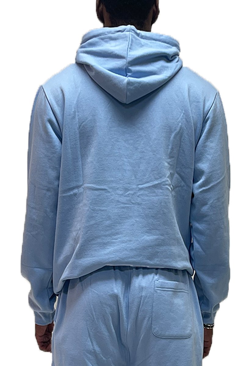 A stylish color block pullover hoodie featuring an adjustable drawstring hood, elastic ribbed waist, and cuffs, made from a soft cotton-polyester blend.